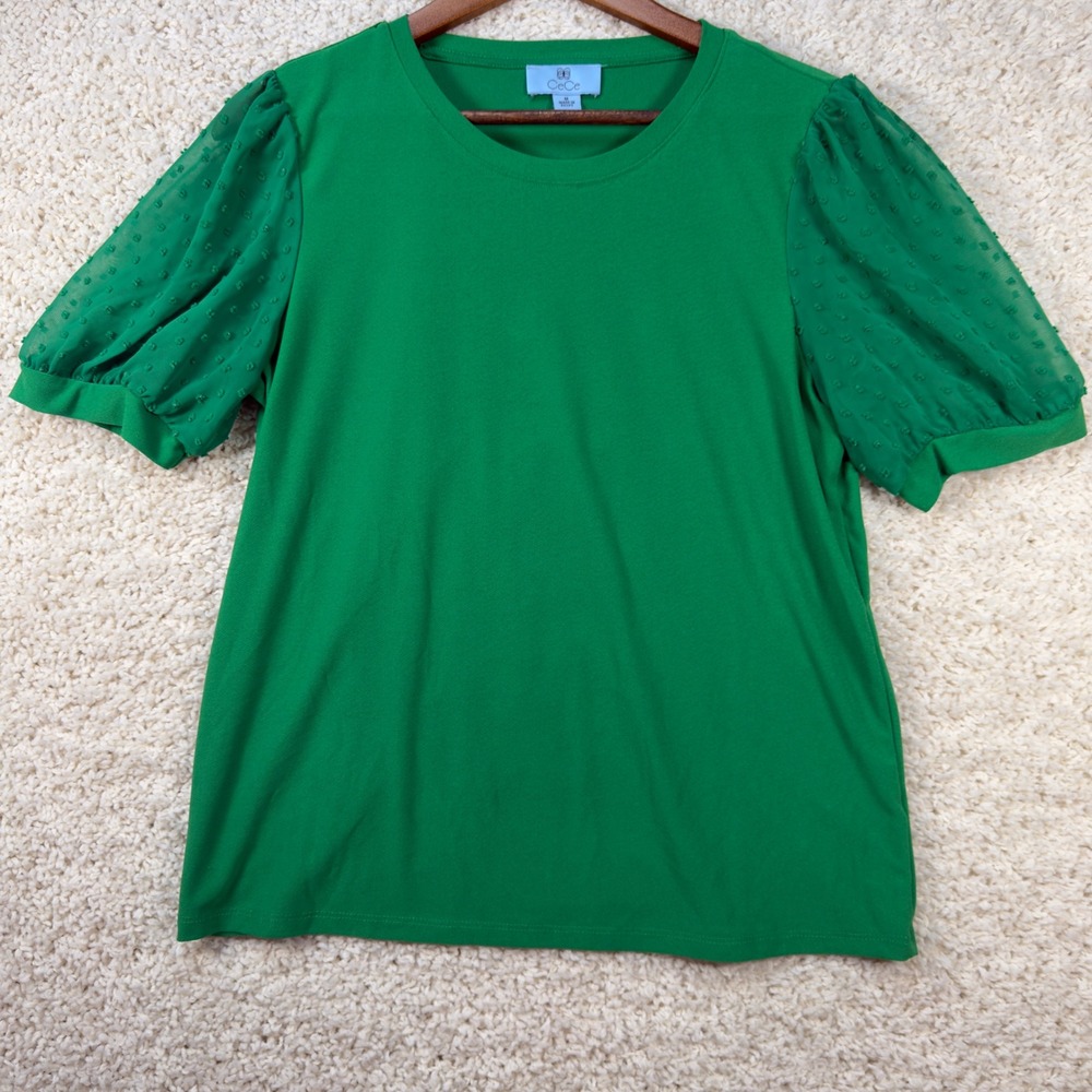 CeCe Puff Sleeve Top Women Medium Green Swiss Dot Sheer Short Sleeve Blouse